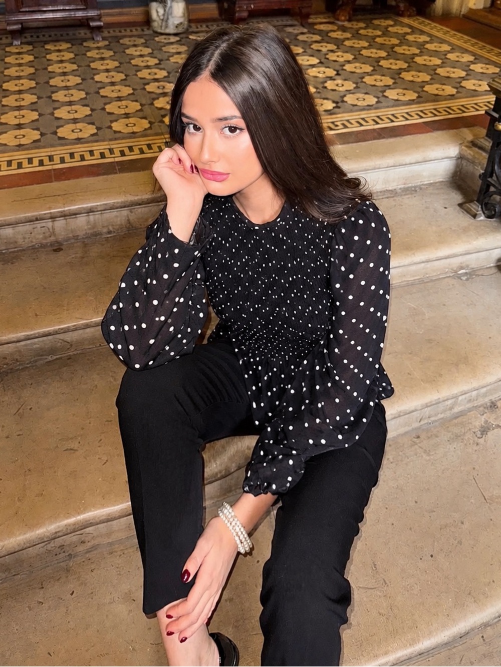 ZARA Black Polka Dot Sheer Smocked Blouse Peplum Long Sleeve Size XS